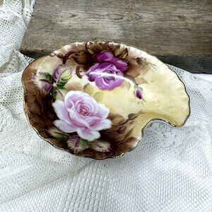 Antique Lefton China Rose Shell Dish With Pink & Purple Floral Design